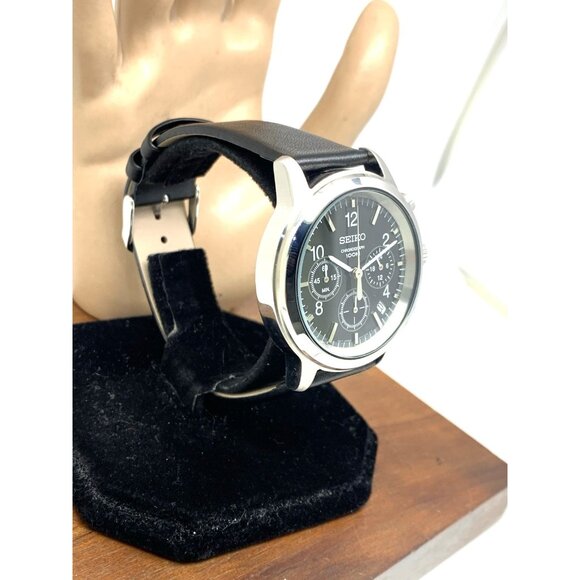 Seiko Men's Watch SSB007 Quartz Chronograph Black Dial Leather Strap 40mm - Picture 2 of 14